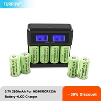 turpow 2800mah 3 7v li ion rechargeable 16340 batteries cr123a battery for led flashlight travel wall charger for 16340 cr123a