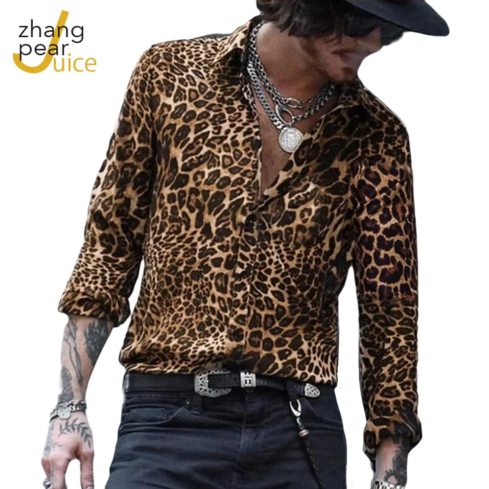 

Men Long Sleeve Leopard Print Shirt Men Lapel Neck Loose Button Up Blouse Streetwear Sexy Holiday Shirts