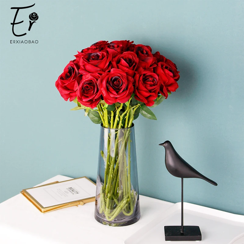 Erxiaobao Brand New Gradient Rose Artificial Flowers High Quality Fake Silk Wedding Flower for Home Living Room Decoration