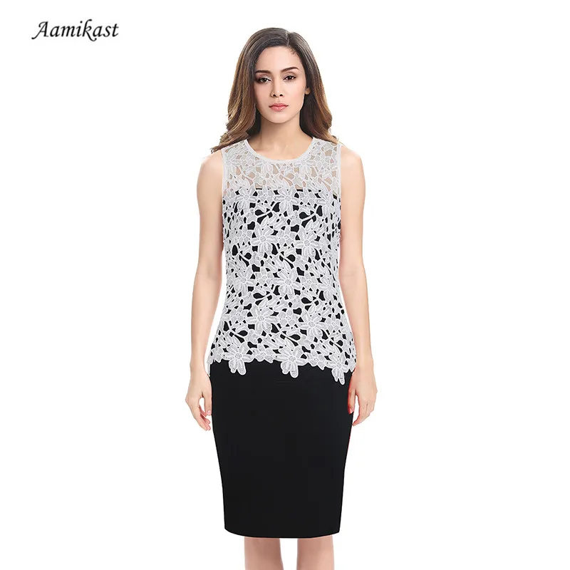 

New Fashion O-neck Sleeveless Patchwork Lace Women Dresses Elegant Party Cocktail Pencil Business Dress Office Lady Loose Dress