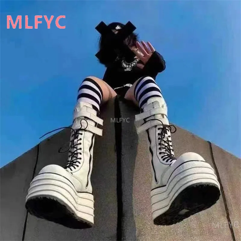 

Модные женские ботинки на осень и зиму, новинка 2021, ботинки средней длины на толстой подошве со шнуровкой, женские рыцарские ботинки больших...