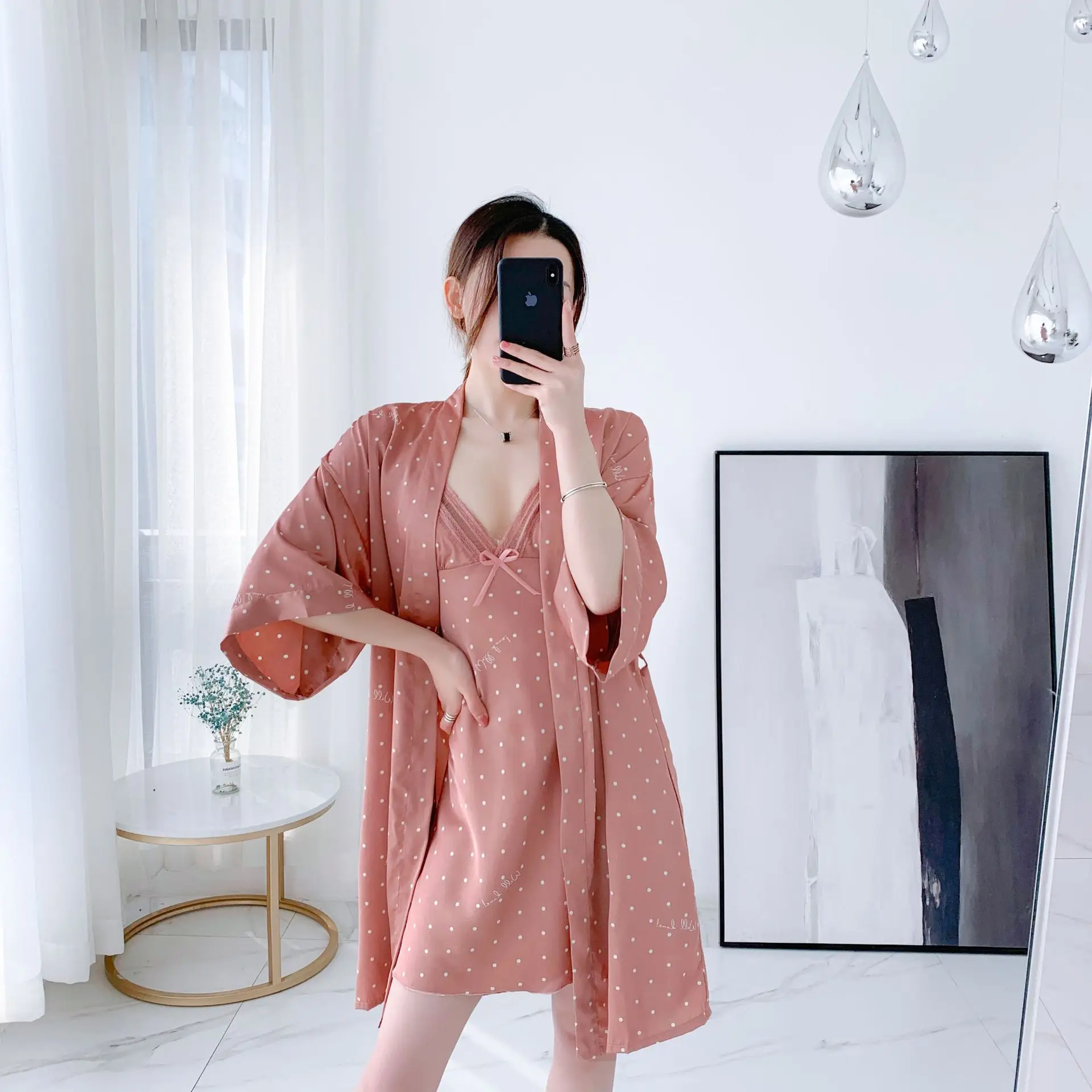 

Print Robe Set Kimono Gown Lady Sexy V-Neck Lace 2PCS Sleepwear Nightgown Thin Ice Silk Intimate Lingerie Knee-length Home Dress