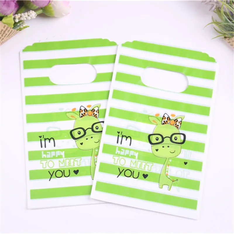

New Design Wholesale 50pcs/lot 9*15cm Green&White Line Small Plastic Gift Pouches Favor Party Candy Packaging