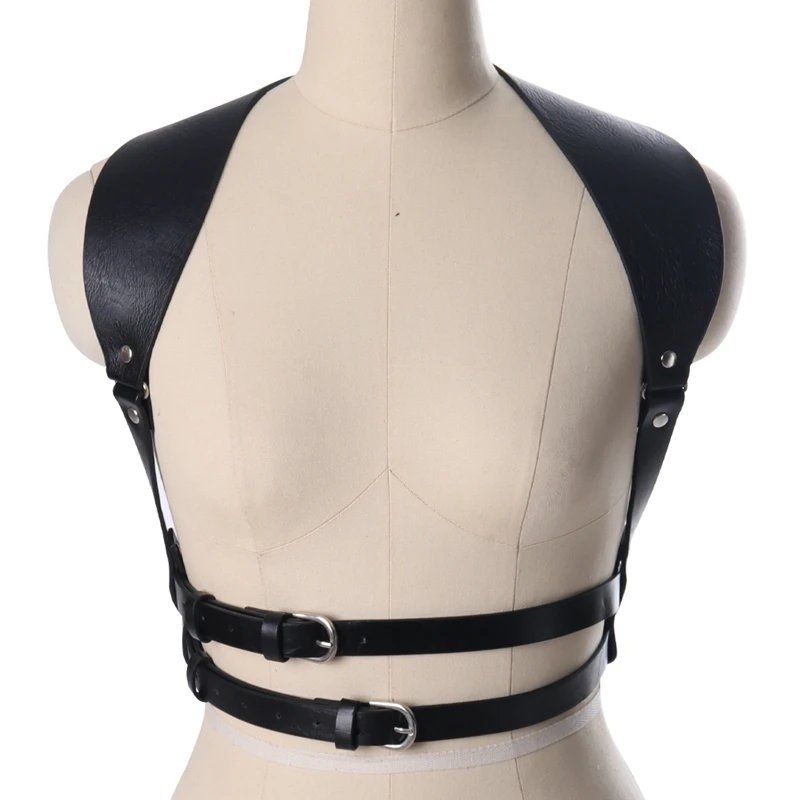 

Punk PU Leather Body Harness Bondage Straps For Women's Shoulder Strap Waistband Adjustable Size Sexy Ladies Open Bust Corset