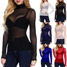 Осенние женские топы-трубы, Женский Топ с высокой горловиной и длинным рукавом, повседневная женская футболка, прозрачный топ, клубная одежда