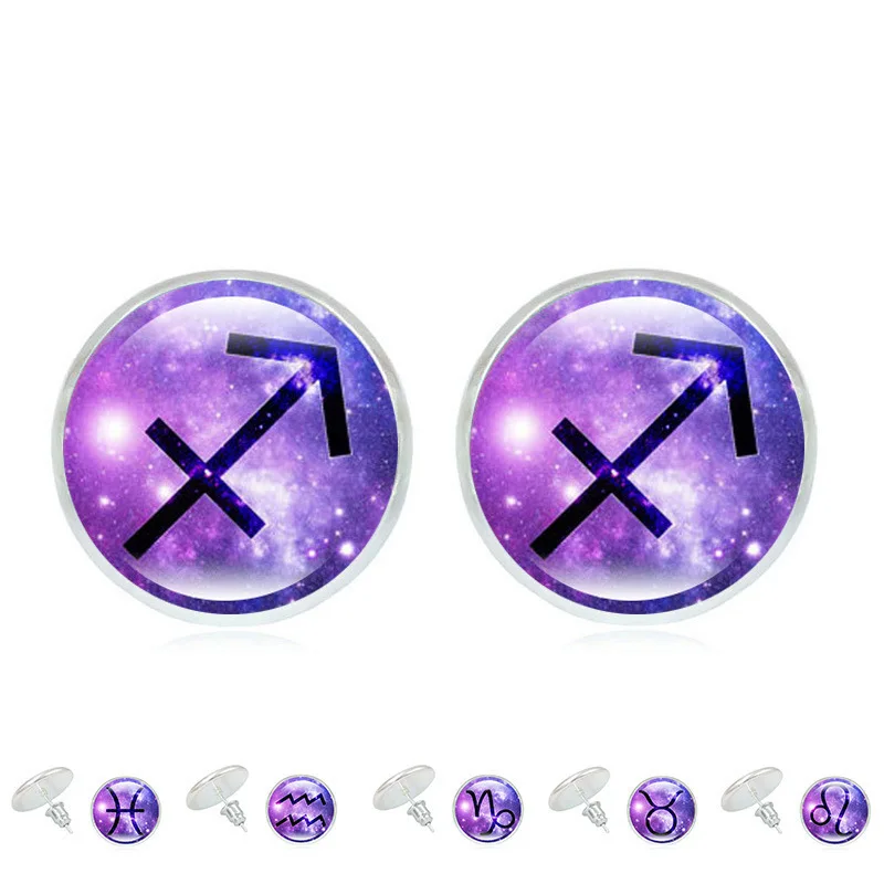 

12 Constellation Time Earrings Zodiac Style Stainless Steel Gold Plated Earrings Jewelry Glass Dome Earrings Gift