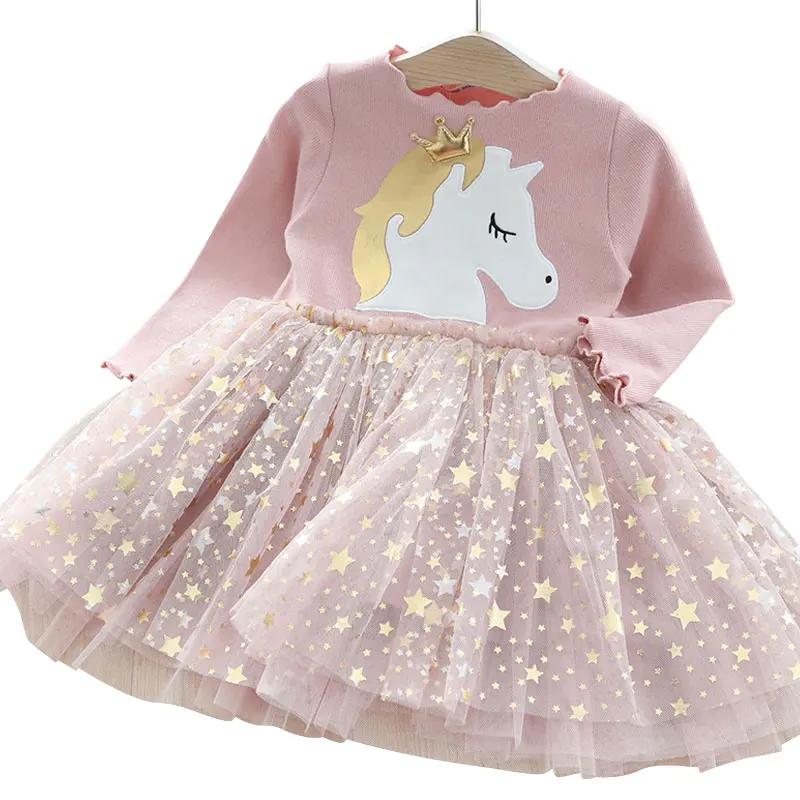

Kids Dress 2020 Autumn New Girls Printing Long Sleeve Dress Fashion Stitching Star Mesh Princess Dress Girls Clothes 3-10 Years
