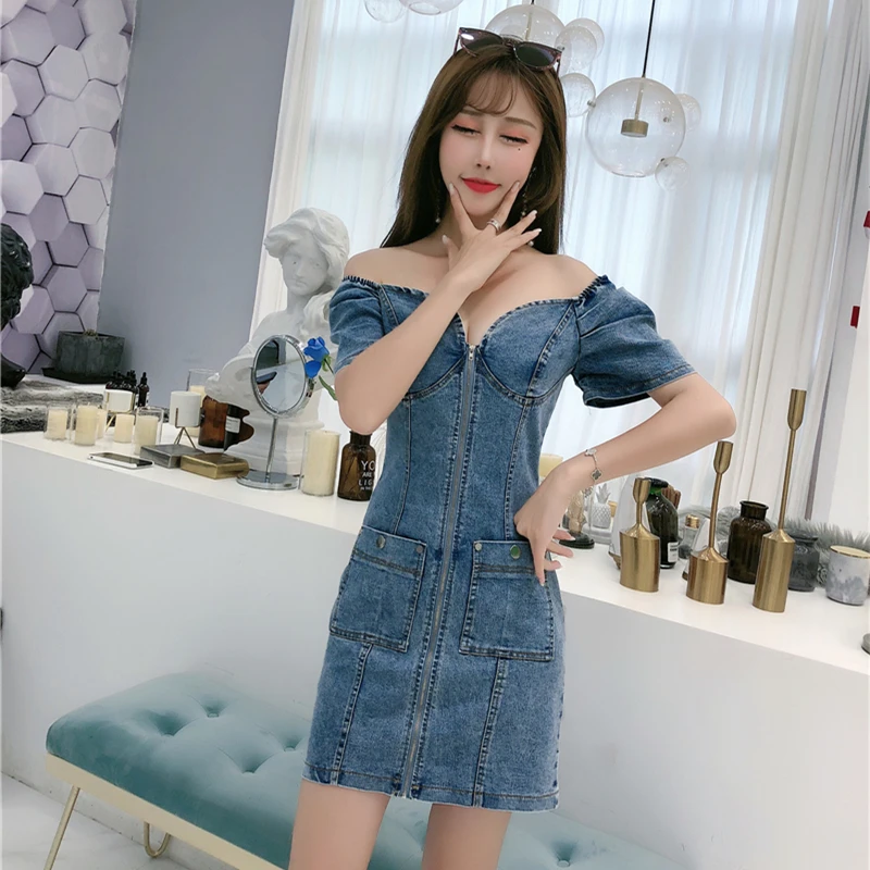 

Fashion sexy word shoulder low chest waist slim thin wash zipper bag hip denim dress