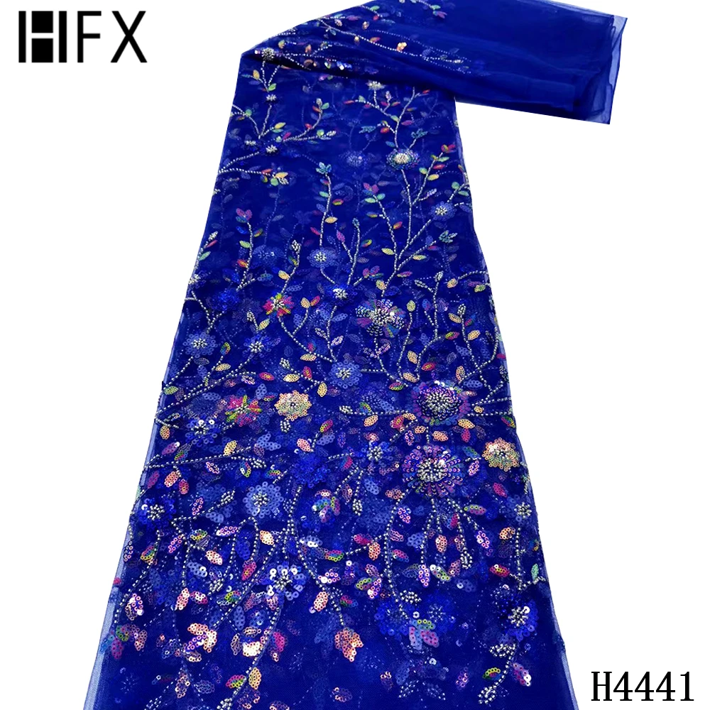 

HFX African Sequins Lace Fabric 2021 French Net Lace Handmade Beads 3D Embroidered Beaded Lace Fabric For Wedding Dress F4416