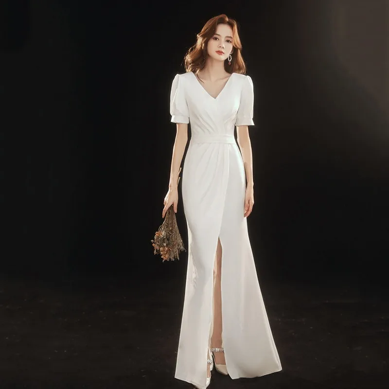 

Женское вечернее платье с высоким разрезом, белое платье-Ципао с пышными рукавами и V-образным вырезом, соблазнительное длинное платье-Руса...