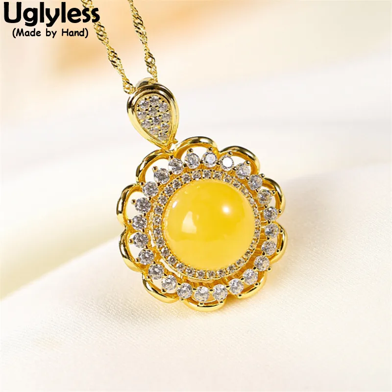 

Uglyless Spinning Crystals Sunflower Necklaces for Women Natural Amber Beeswax Pendants + Chains 925 Silver Gemstones Necklaces