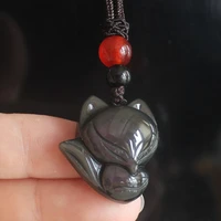 natural rainbow obsidian crystal big head fox necklace pendant bead with rope chain