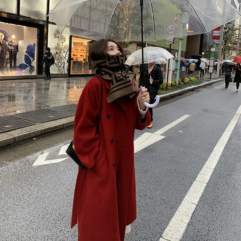 

Women 2021 Autumn Winter Chic Elegant Long Wool Coat with Belt Female Solid Color Long Sleeve Chic Outerwear Lady Overcoat Z504