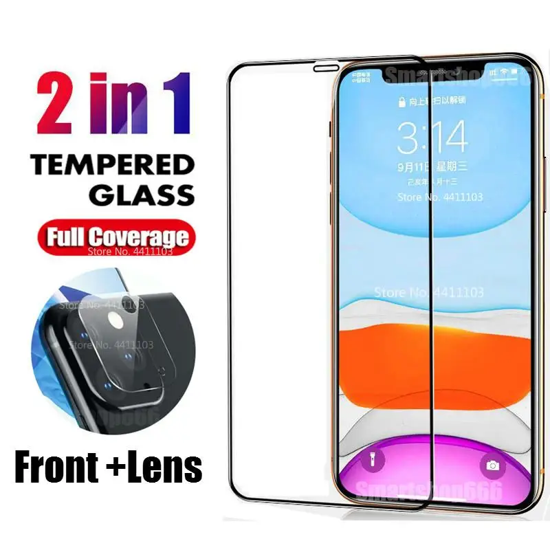 Закаленное стекло 2 в 1 для iPhone X XS 11 Pro Max 2019 защита экрана 7 8 6 6S Plus прозрачная HD