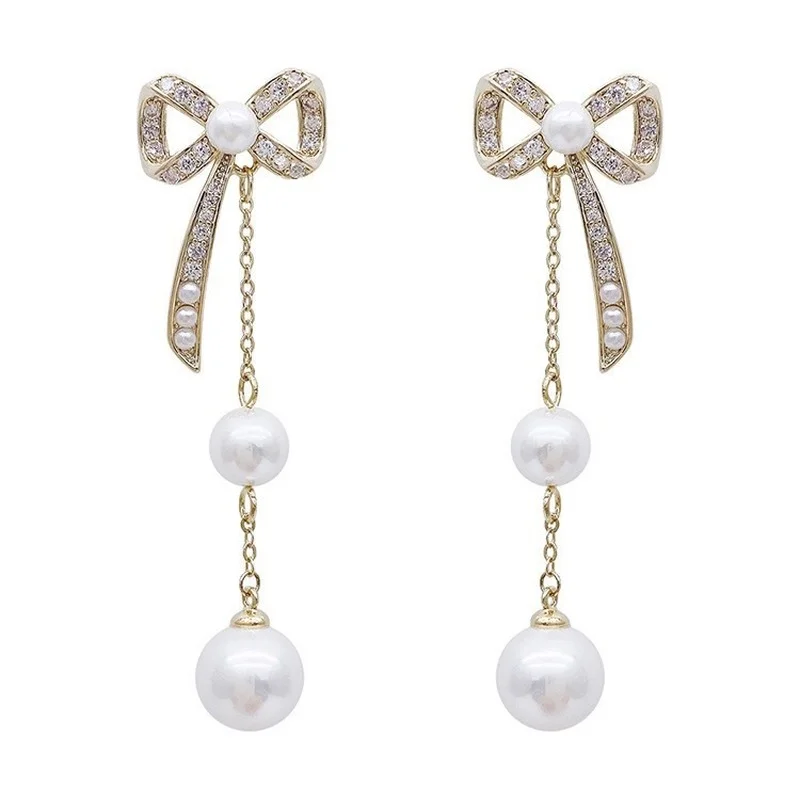 

925 Silver Needle Pearl Diamond Bowknot Tassel Earrings Japanese and Korean Fashion Earrings Temperament Individuality Female