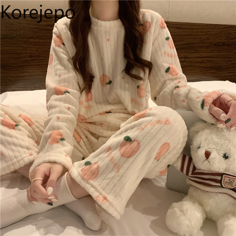 

Korejepo Winter Plush Pajamas Set Autumn and Winter 2021 New Coral Plush Thickened Trousers Home Clothes Two-piece Set Women