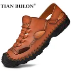 Сандалии мужские из натуральной кожи, дышащие, летняя повседневная обувь для пляжа, Нескользящие, римские шлепанцы, размера плюс 38-46
