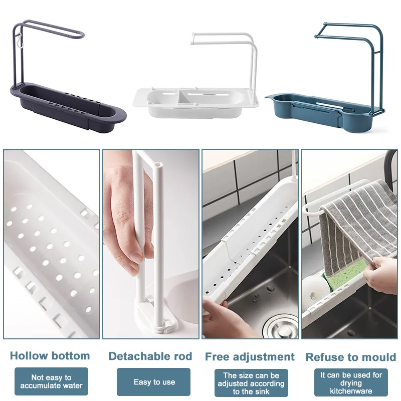 

Kitchen Telescopic Sink Shelf Sponge Soap Pot Brush Draining Storage Rack Household Rag Towel Drain Holder Countertop Organizer