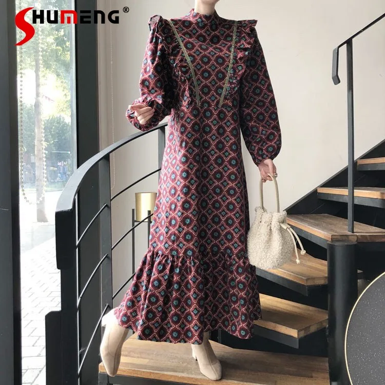 

Женское длинное платье с цветочным принтом, свободное облегающее платье с круглым вырезом, длинными рукавами и оборками, корейская мода на ...