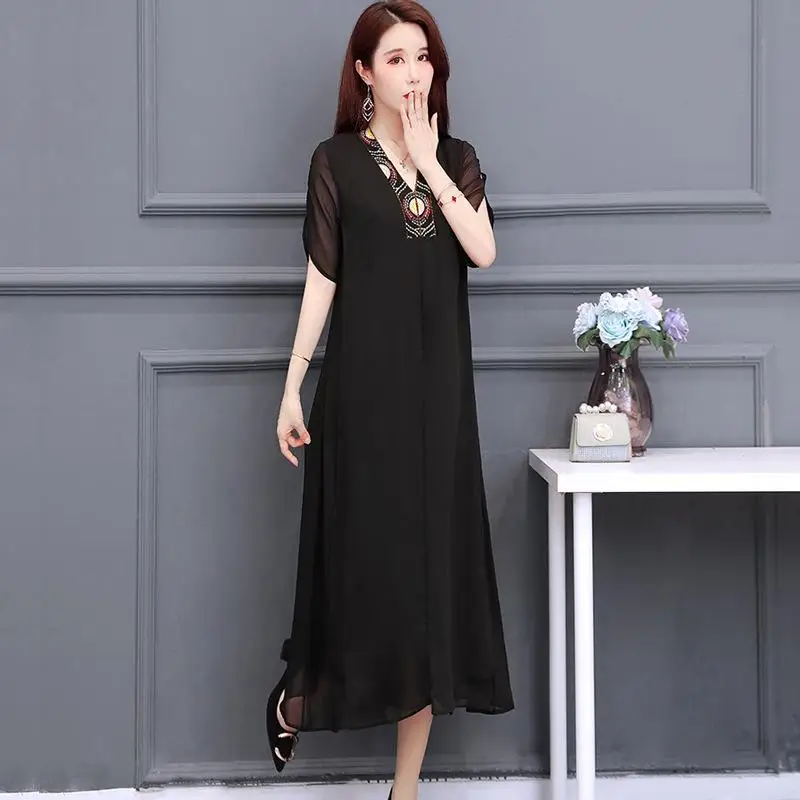 

4xl 5xl plus size long women dress big size summer chiffon dress loose v-neck evening party dress large size femme vestidos