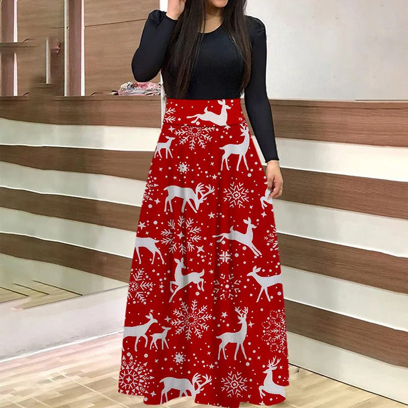 

Christmas Print Dresses Women Long Sleeve Snowflake Long Maxi Dress Ladies Casual Evening Xmas Party Dresses Vestido De Mujer