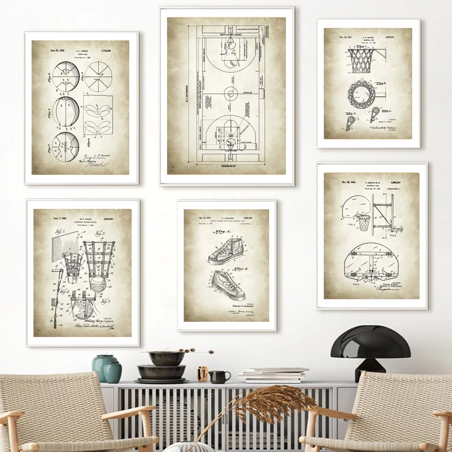 

Vintage Basketball Design Patent Sketch Wall Art Canvas Painting Nordic Posters And Prints Wall Pictures For Living Room Decor