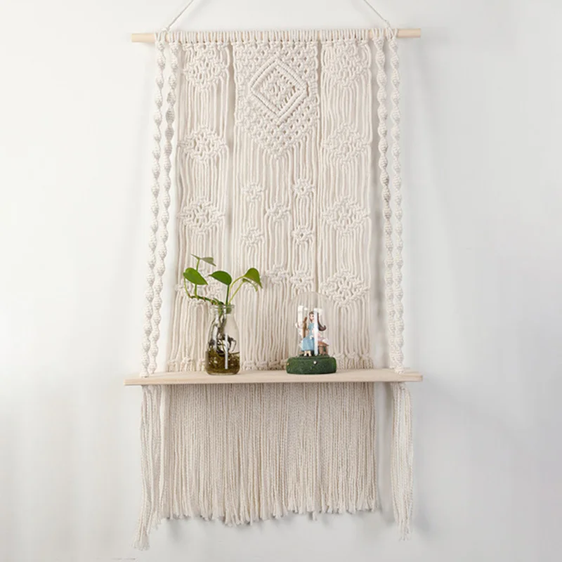 

Bohemian Macrame Wall Hanging Tapestry Cotton Rope Cord Hand-Woven Tassel Wooden Shelf Tapestry Wall Art Decoration Home Decor