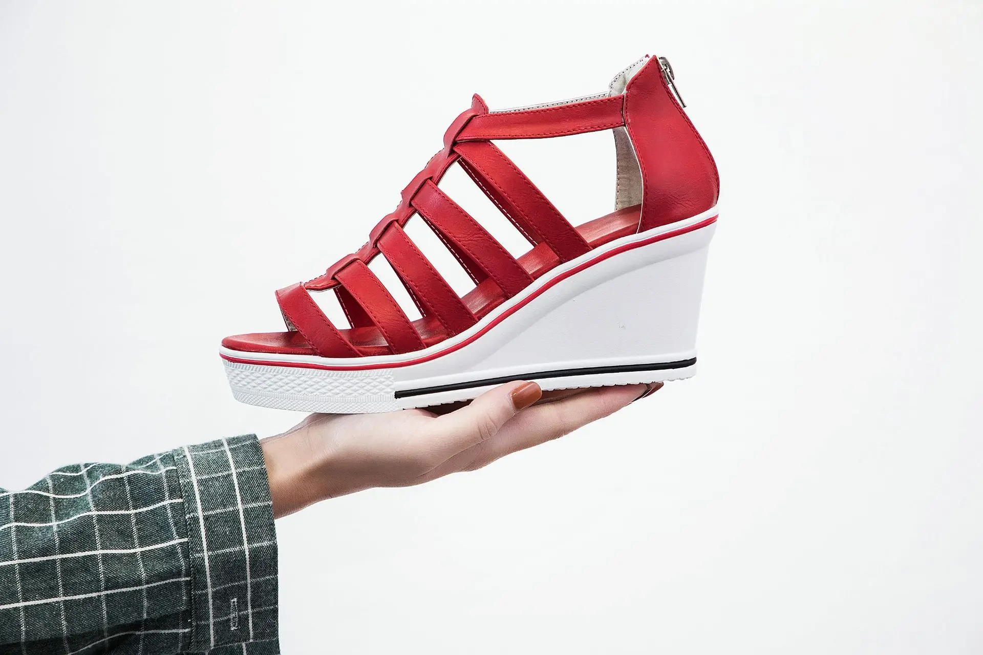 

2021 New wedge Heel Sandals Women's Back Zipper Platform With Thick Bottom 8 cm Increased Women's Sandals Thick Heel Roman Shoes