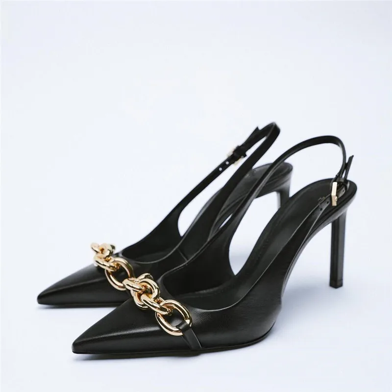 

2022 Za Metallic Slingback High Heeled Shoes Women Sexy V-cut Vamp Party Pump Woman Fashion Long Pointed Toe Heels Black Sandals