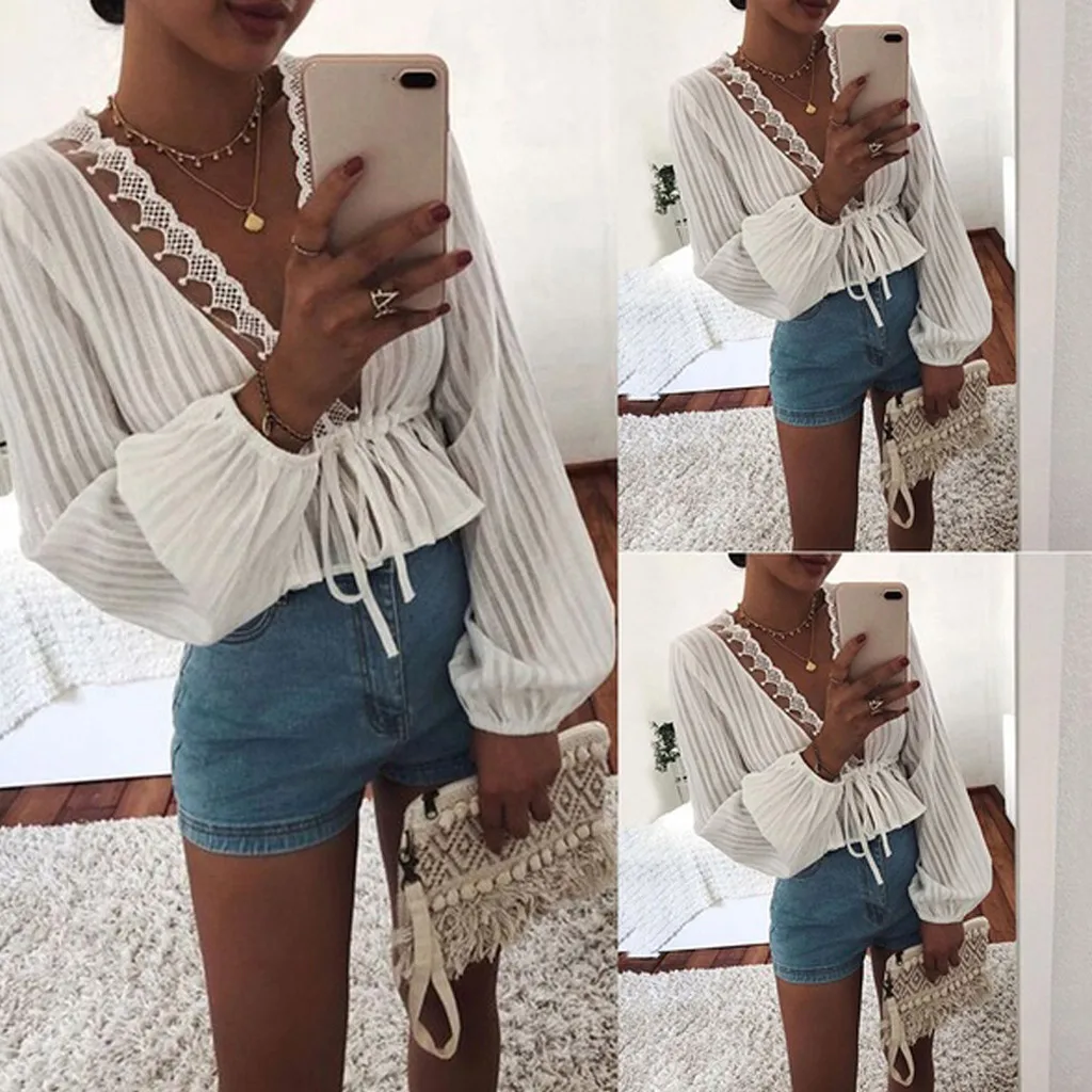 Рубашка с длинным рукавом Женская Осенняя глубоким v образным вырезом