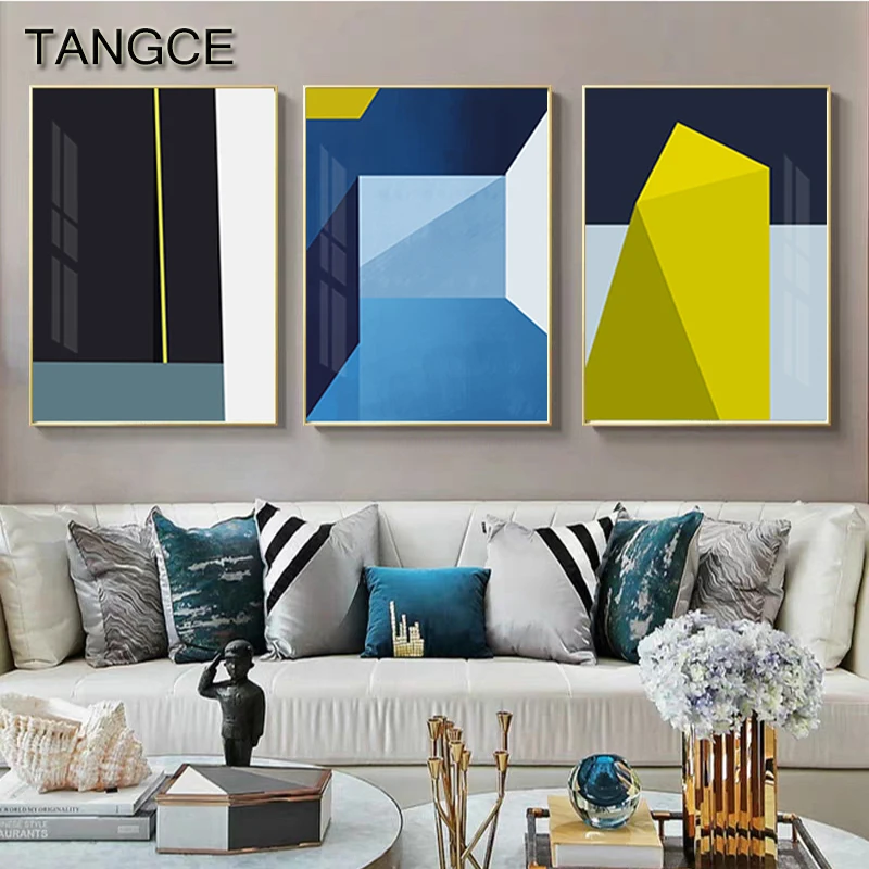 

Abstract Color Geometry Painting Yellow Blue Poster and Print Modern Canvas Wall Art for Living Room Entrance Nordic Art Set