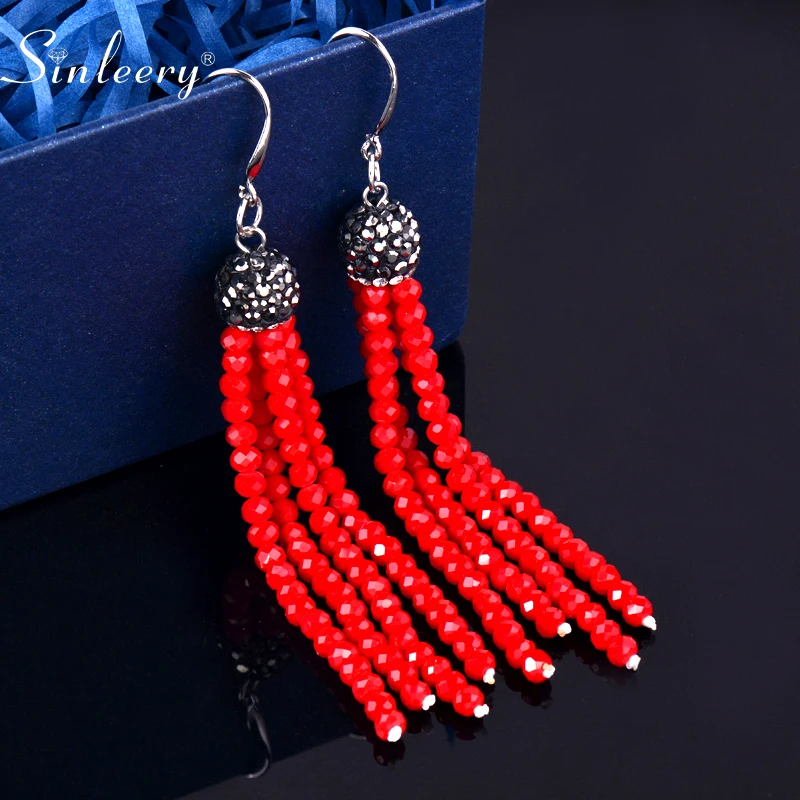 

SINLEERY Bohemia Long Tassel Colorful Beads Earrings For Women Silver Color Green Red White Blue Statement Earrings ES889 SSB