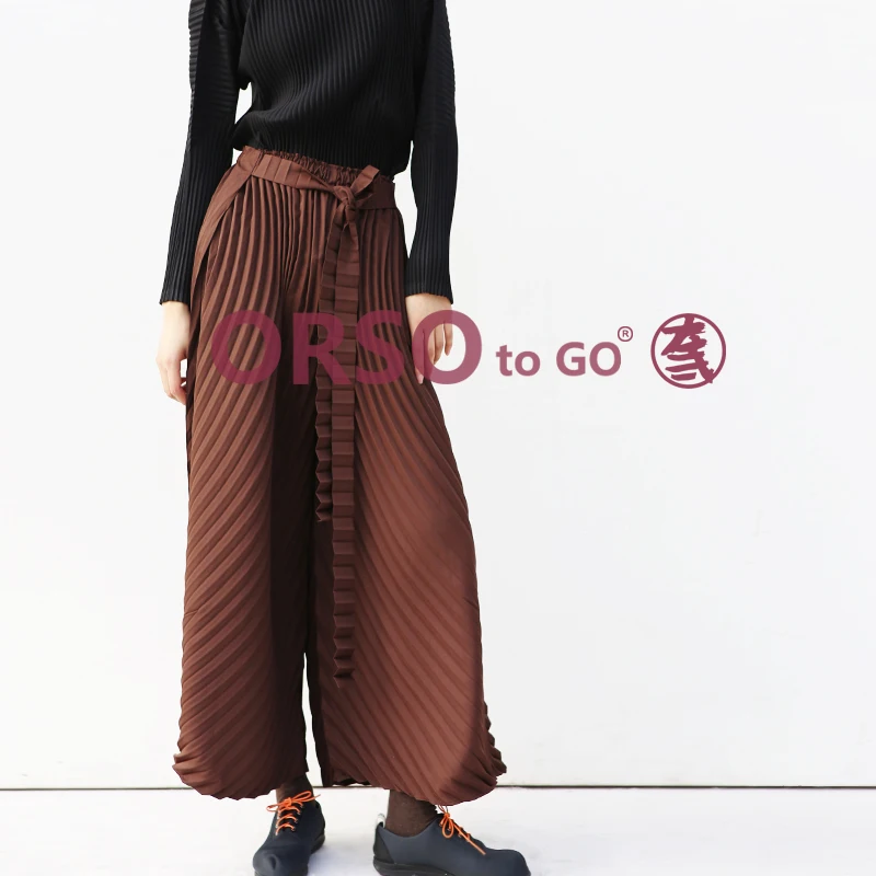 HOT SELLING Miyake fashion fold high waist all-match solid waistband Pleated Wide leg pants  IN STOCK