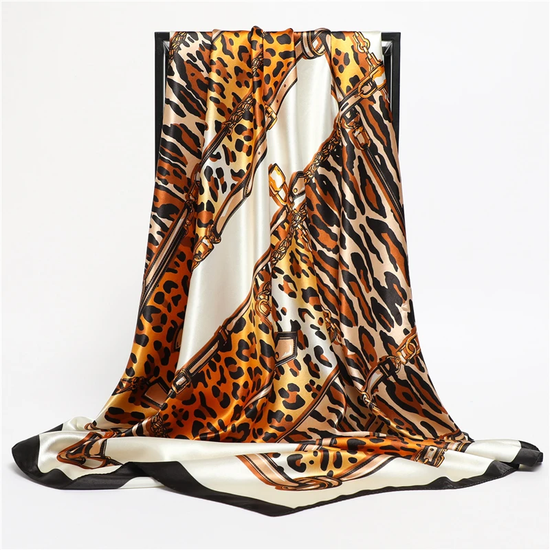 

Leopard Satin Silk Sqaure Scarf Women Hijab Bandana Design Headband Lady Shawl Wraps Neckerchief Foulard Muffler Turban 2021