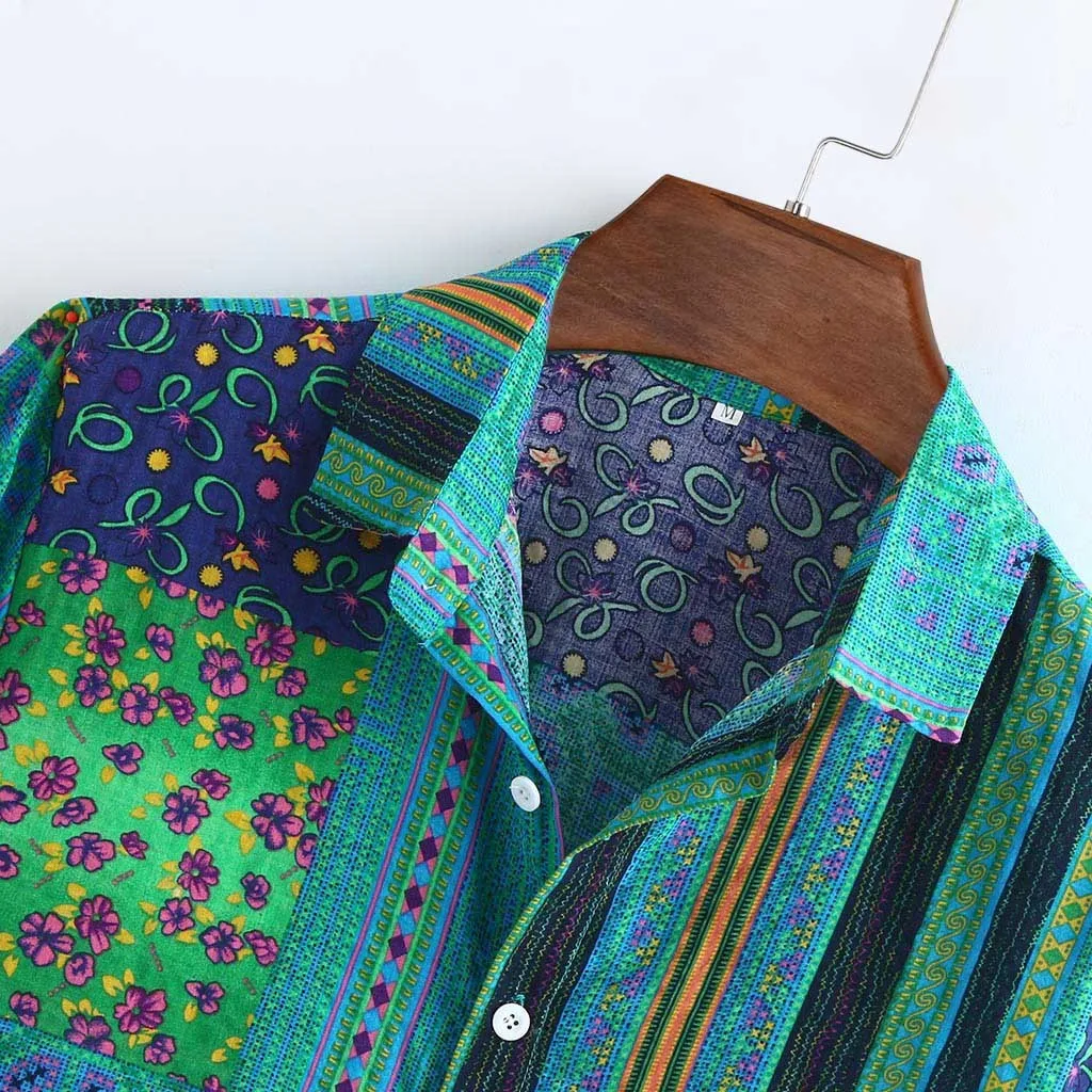 

Mens Vintage Ethnic Style Printing Loose Short Sleeve Stand Collar Casual Shirt daily wearing high quality office big blouse