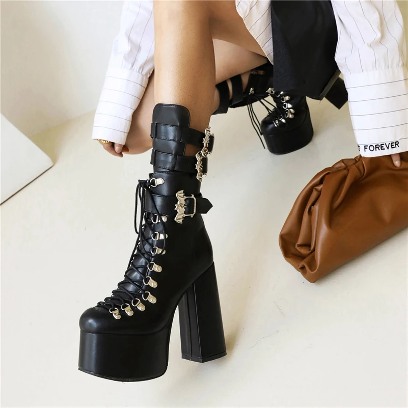 

ANNYMOLI Patent Leather Shoes Women Med Calf Boots Punk Style Boots Platform Chunky High Heel Boots Square Toe Autumn Black 46