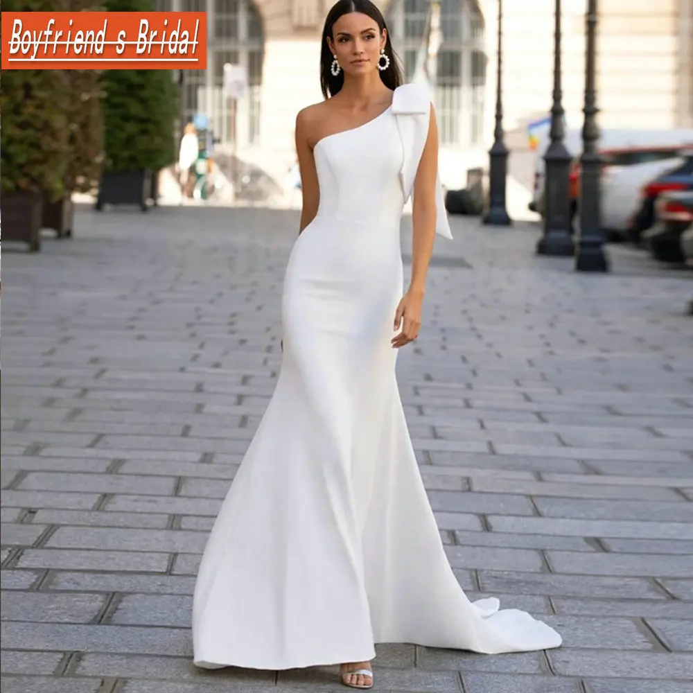 

Mermaid One Shoulder Wedding Dresses Satin Princess Boho Bridal Gowns Backless Simple Plain White Vestidos de Novia Floor Length