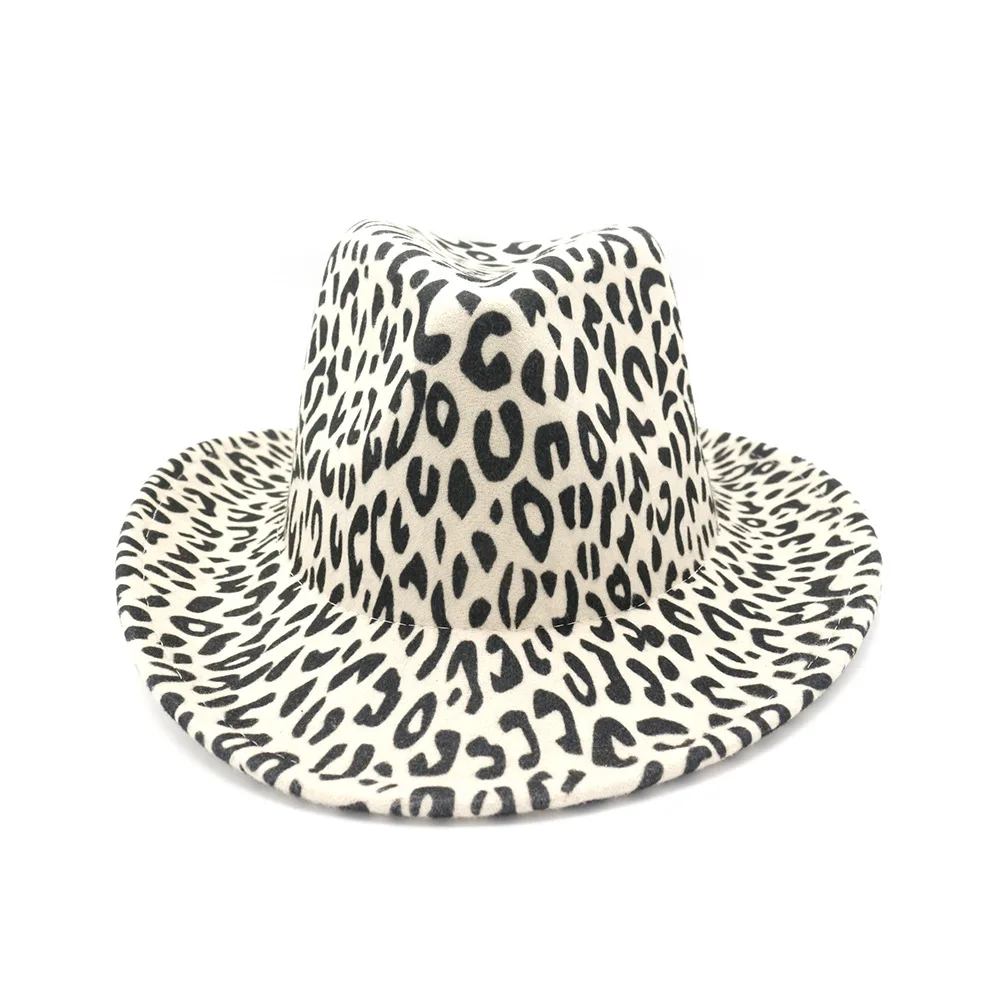 

Super Fine Wide Roll Brim Faux Wool Hat 2022 New Leopard Print Cowboy Felt Fedora Hats for Women Men Party Wedding Jazz Cap