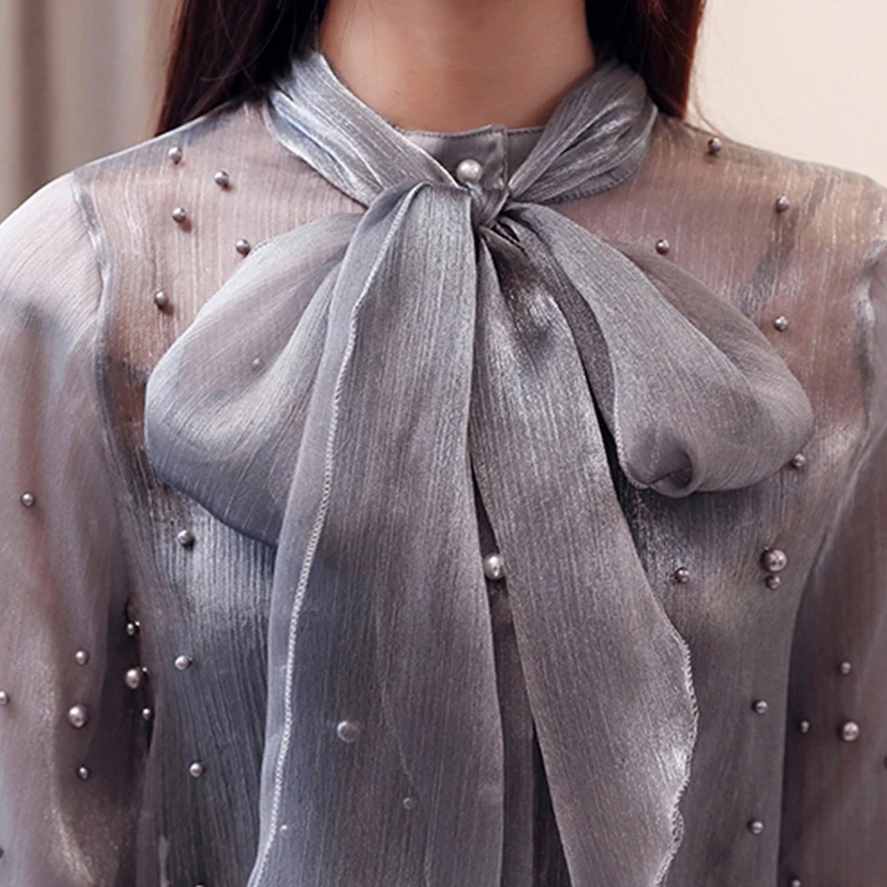 2021 новые женские рубашки шифон фонарь рукав Топ 2019 Весна сеточкой белого цвета с