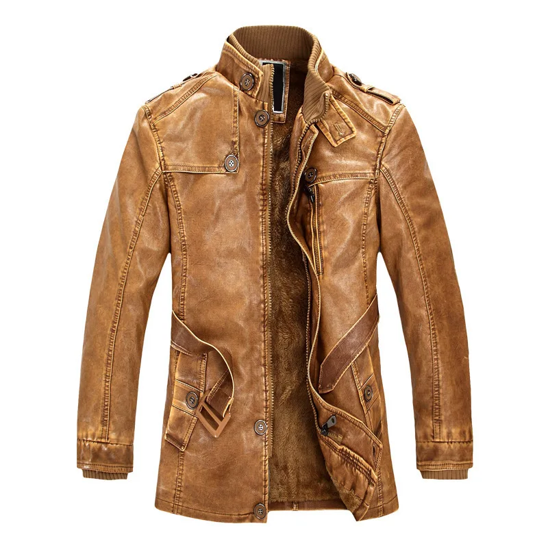

FAKUNTN Leather Jackets Shearling Men Zipper Slim Stand Winter Long Coat Genuine Leather Jacket Men with Adjustable