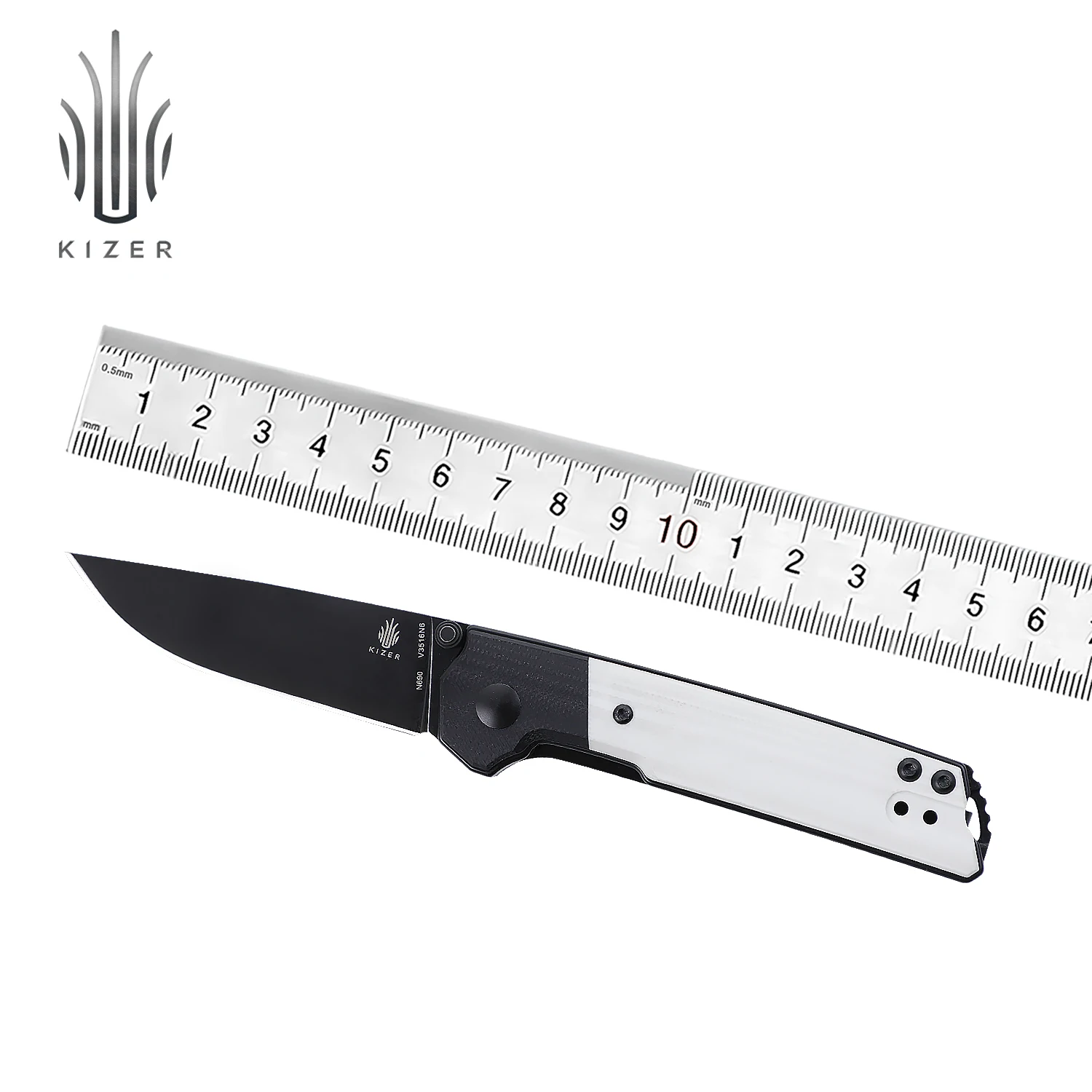 

Kizer Pocket Knife Domin Mini V3516N6 2021 New Black&White G10 Handle Self-defense Survival Knife with Thumb Stud Opening