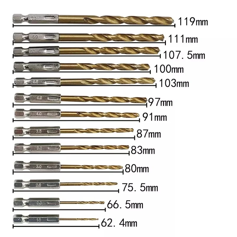 

13pc Drill Bit Set Titanium Coated HSS High Speed Steel Hex Shank Quick Change