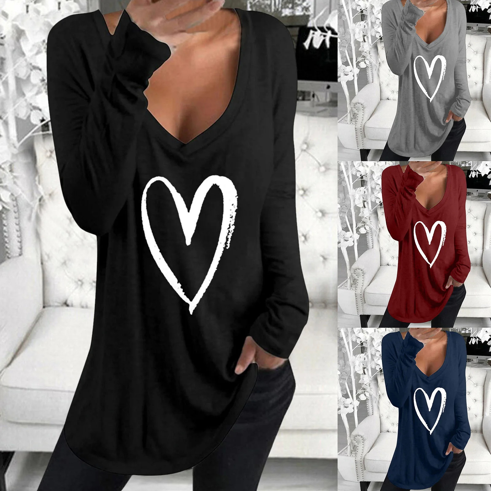 

Lugentolo Long Sleeve T Shirt for Women V-neck Heart-shaped Print Casual Tops Spring Summer Casual Loose Tees