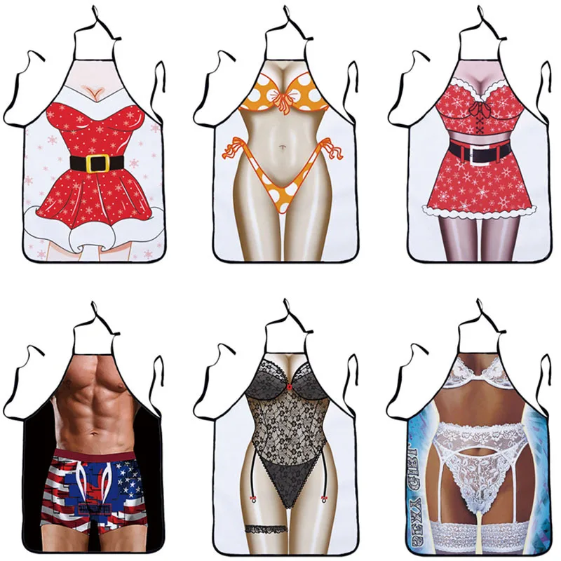 

Muscle Man Funny Bikini Kitchen Aprons for Woman Xmas Decoration Personality Novelty Creative Couple Party Gifts