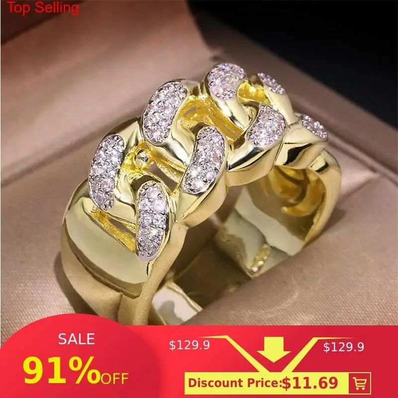 

New Hot Sale Fashion Jewelry 925 Sterling Silver&Gold Fill Pave White Clear AAAAA Cubic Zircon Lucky Women Chain Ring For Men