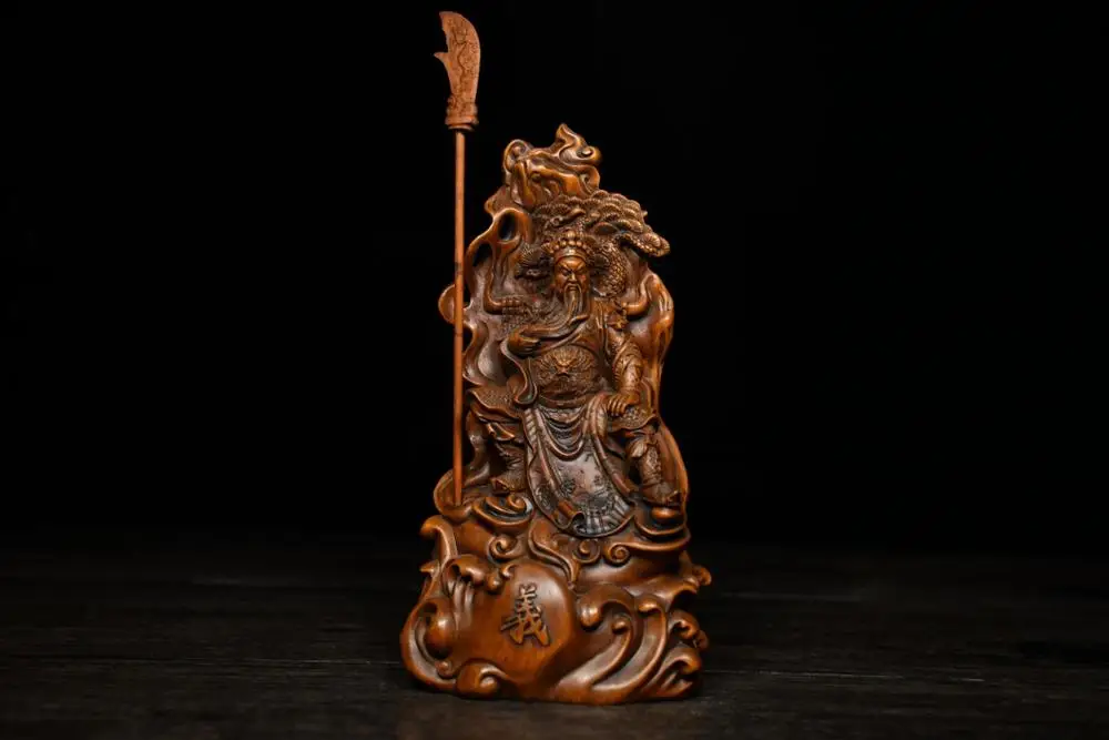 

6" China Lucky Seikos Boxwood Guan Gong Statue Guan Yu Guan Gong Knife Wood Carving God of war statue