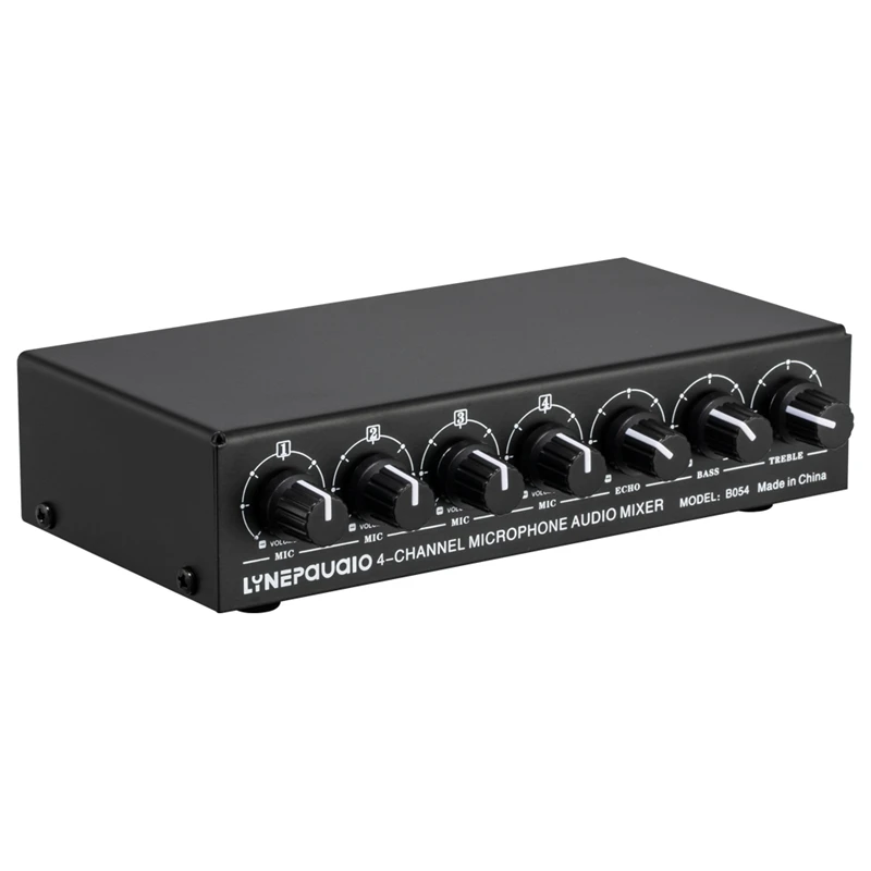 

LYNEPAUAIO 4-Channel Microphone Studio Audio Mixer Stereo Output with Reverb Treble and Bass Adjustment 6.35mm RCA Output