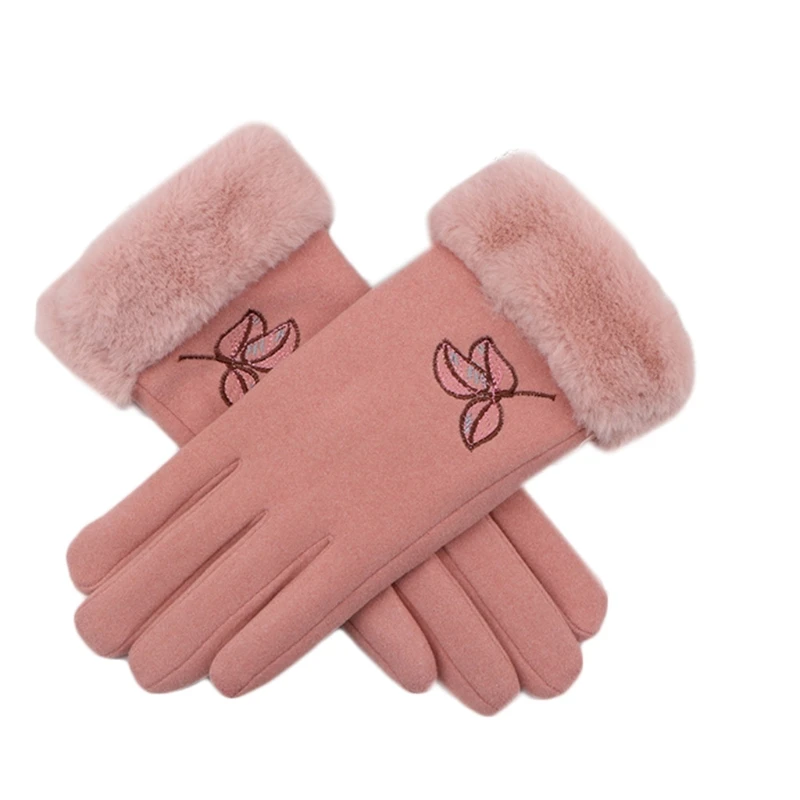 

Women Winter Driving Touch Screen Gloves Leaves Embroidery Plush Lined Mittens