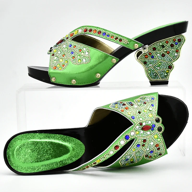 Latest Green Color African Matching Shoes and Bags Italian In Women Shoe Bag Set Decorated with Rhinestone | Обувь
