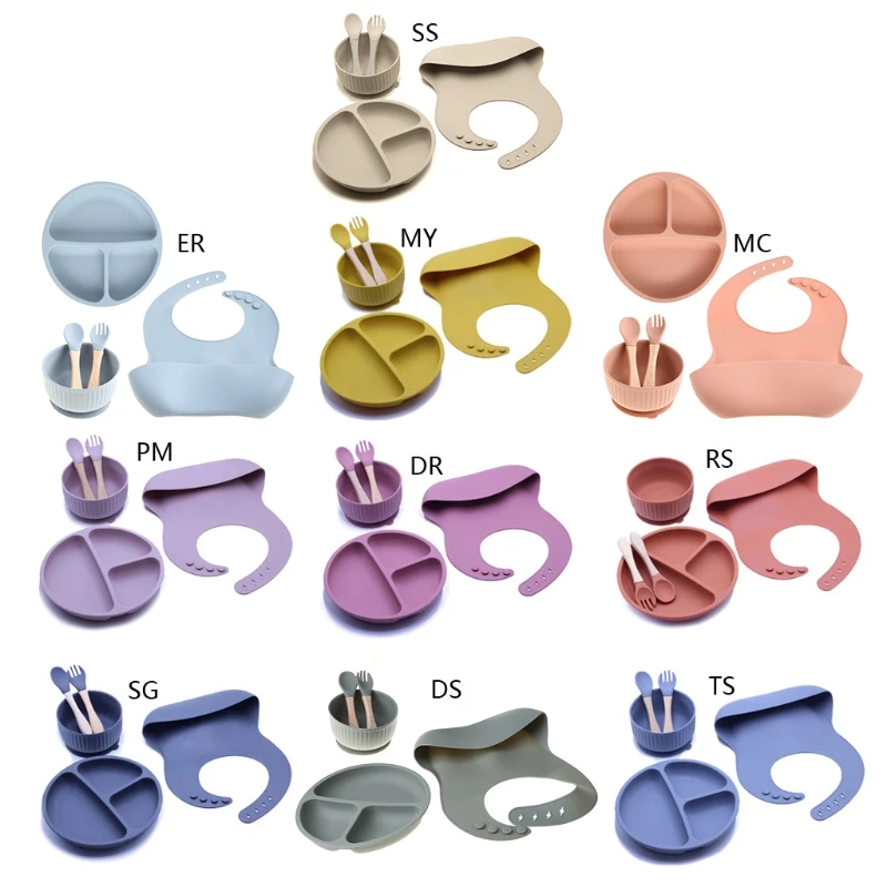 

5PCS/Set Baby Feeding Tableware BPA Free Food Grade Silicone Bowl Bib Placemat Fork Spoon Feeding Set Baby Supplies